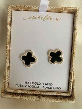 Isabella Fiore Gold Plated Black Onyx Clover Stud Earrings